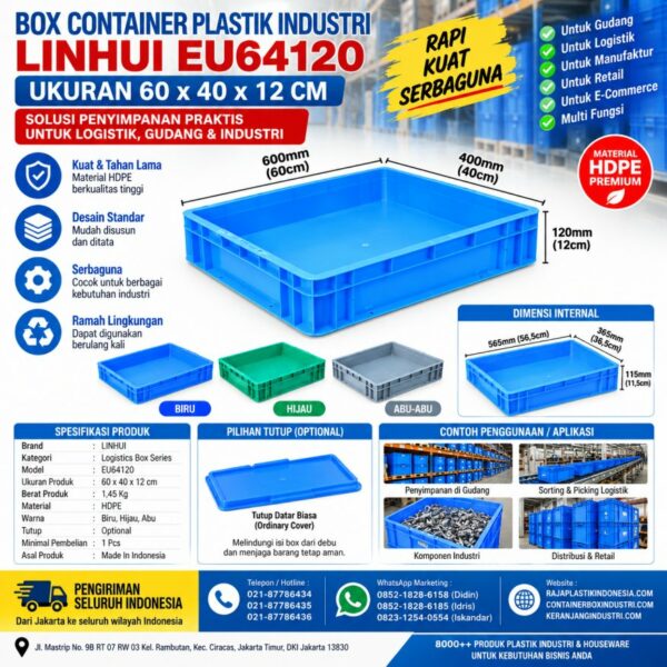 BOX CONTAINER PLASTIK INDUSTRI LINHUI EU64120 UKURAN 60x40x12 CM | KERANJANGINDUSTRI.COM