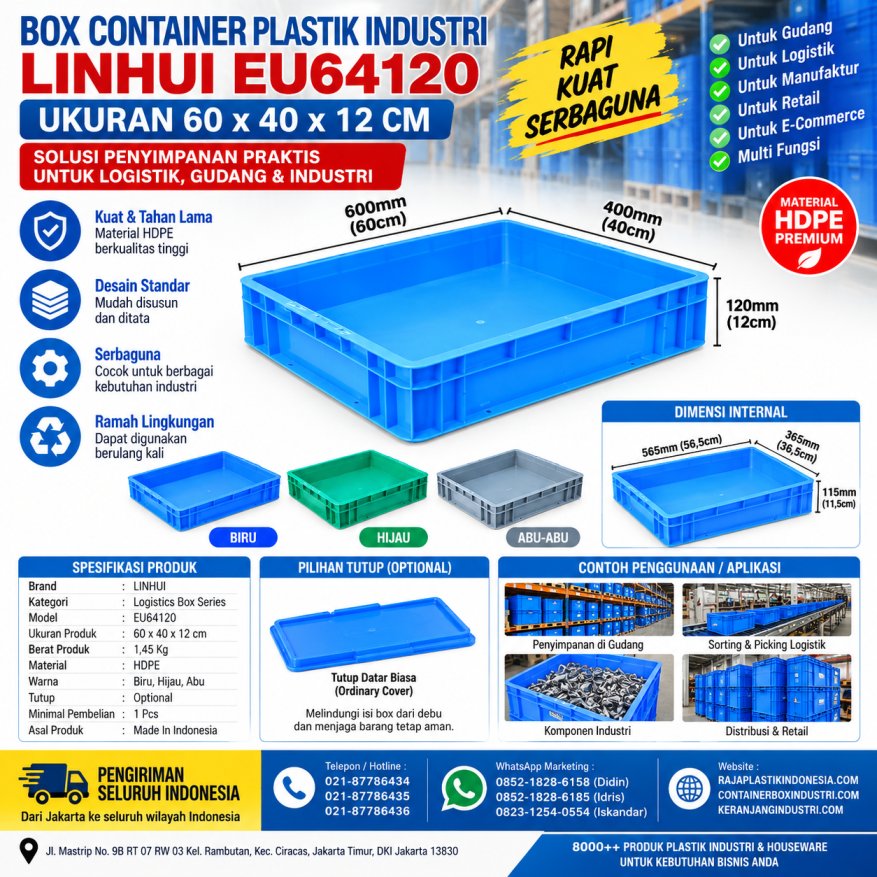 BOX CONTAINER PLASTIK INDUSTRI LINHUI EU64120 UKURAN 60x40x12 CM | KERANJANGINDUSTRI.COM