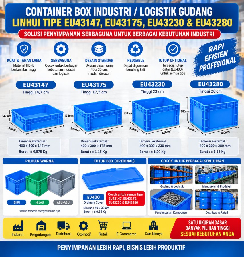 CONTAINER BOX INDUSTRI / LOGISTIK GUDANG LINHUI TIPE EU43147, EU43175, EU43230 & EU43280: SEBUAH PERBANDINGAN | KERANJANGINDUSTRI.COM