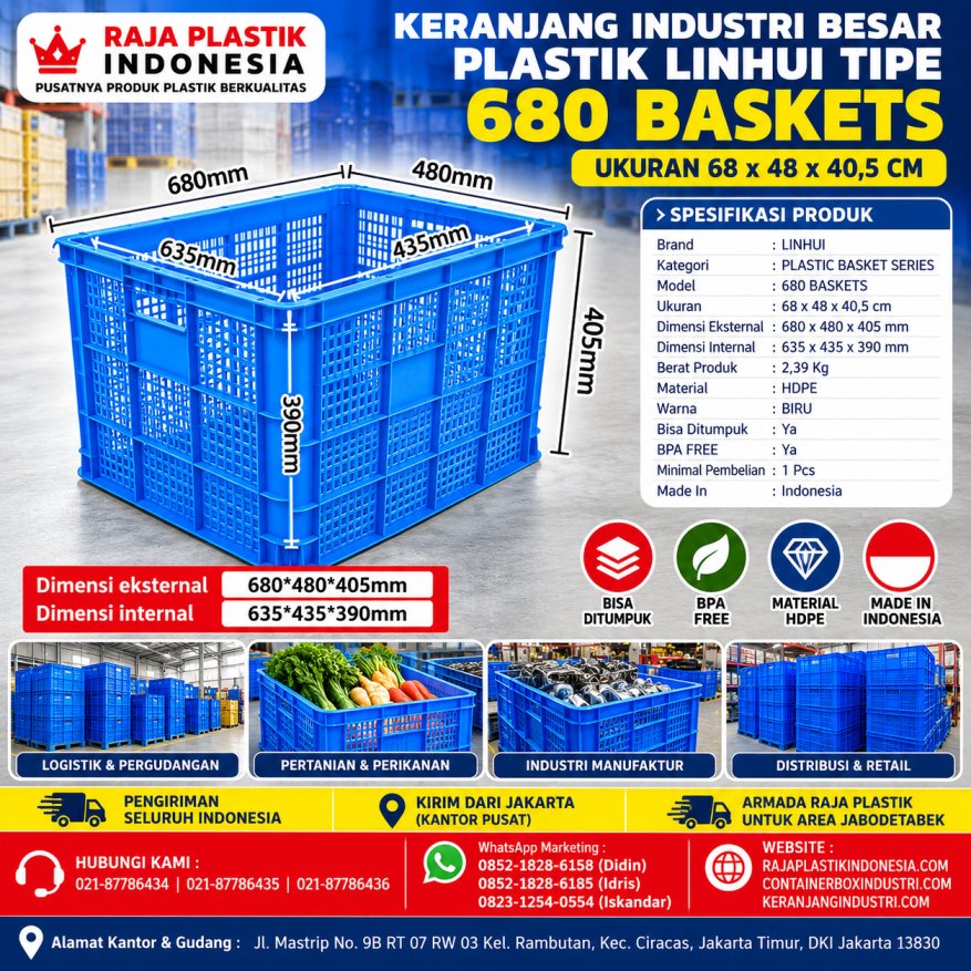 KERANJANG INDUSTRI BESAR PLASTIK LINHUI TIPE 680 BASKETS UKURAN 68 x 48 x 40,5 CM | KERANJANGINDUSTRI.COM