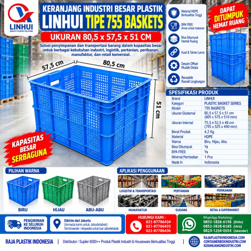 KERANJANG INDUSTRI BESAR PLASTIK LINHUI TIPE 755 BASKETS UKURAN 80,5 x 57,5 x 51 CM | KERANJANGINDUSTRI.COM