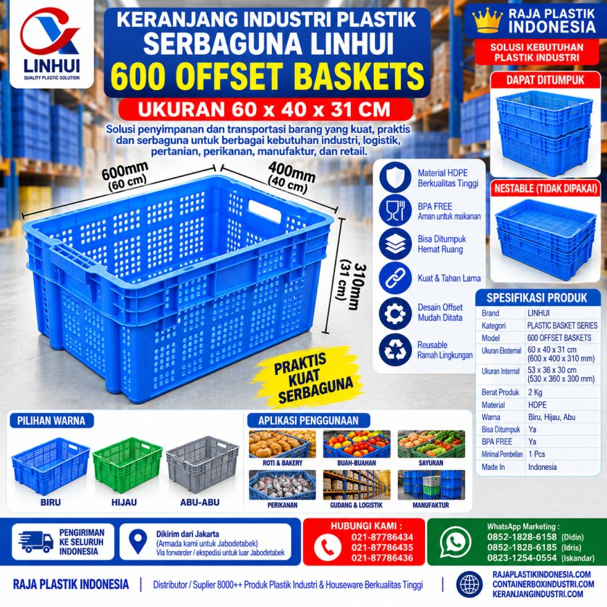 KERANJANG INDUSTRI PLASTIK SERBAGUNA LINHUI 600 OFFSET BASKETS 60x40x31 CM | KERANJANGINDUSTRI.COM