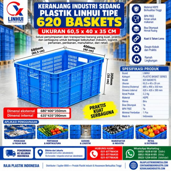 KERANJANG INDUSTRI SEDANG PLASTIK LINHUI TIPE 620 BASKETS KERANJANG INDUSTRI SEDANG PLASTIK LINHUI TIPE 620 BASKETS UKURAN 60,5x40x35 CM | KERANJANGINDUSTRI.COM