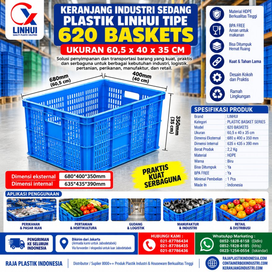 KERANJANG INDUSTRI SEDANG PLASTIK LINHUI TIPE 620 BASKETS UKURAN 60,5x40x35 CM | KERANJANGINDUSTRI.COM