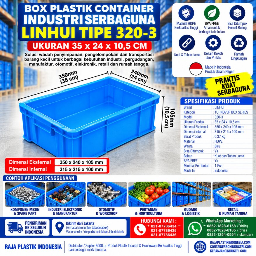 BOX PLASTIK CONTAINER INDUSTRI SERBAGUNA LINHUI TIPE 320-3 UKURAN 35x24x10,5 CM | KERANJANGINDUSTRI.COM