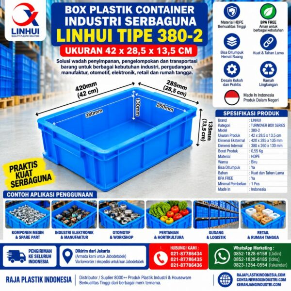 BOX PLASTIK CONTAINER INDUSTRI SERBAGUNA LINHUI TIPE 380-2 UKURAN 42x28,5x13,5 CM | KERANJANGINDUSTRI.COM