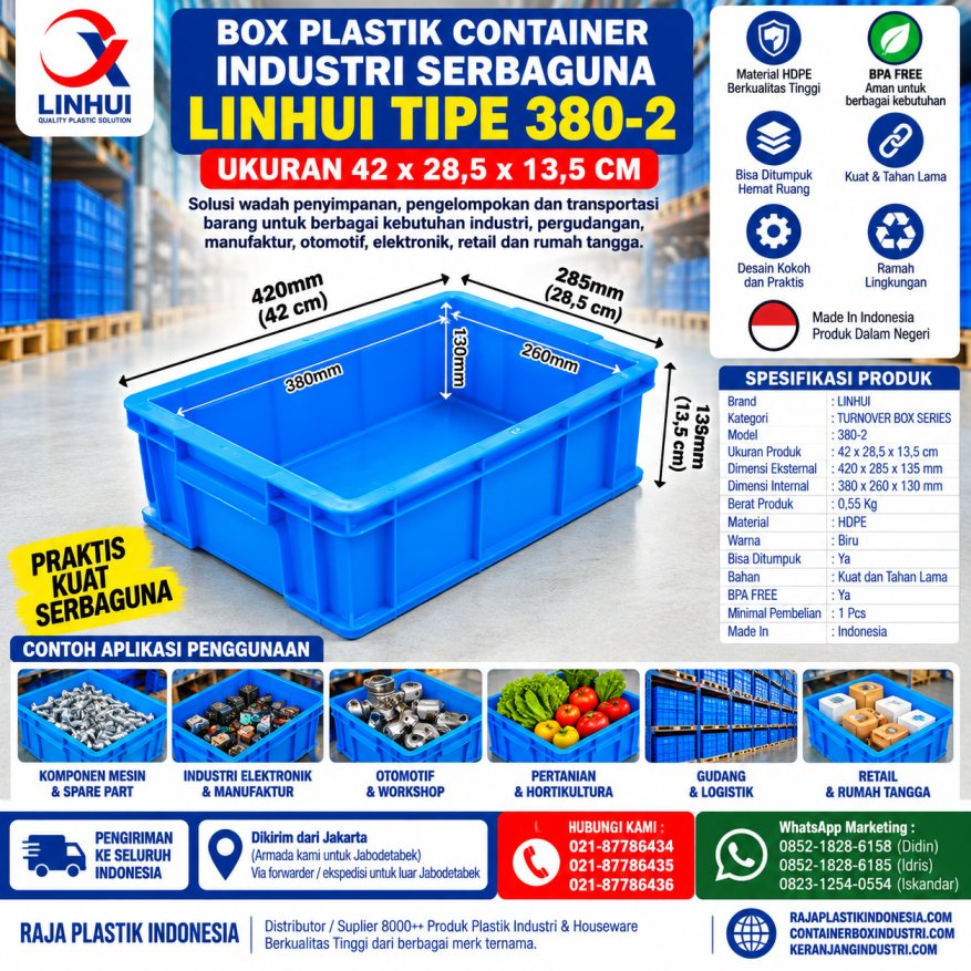 BOX PLASTIK CONTAINER INDUSTRI SERBAGUNA LINHUI TIPE 380-2 UKURAN 42x28,5x13,5 CM | KERANJANGINDUSTRI.COM