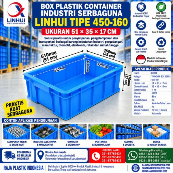 BOX PLASTIK CONTAINER INDUSTRI SERBAGUNA LINHUI TIPE 450-160 UKURAN 51×35×17 CM