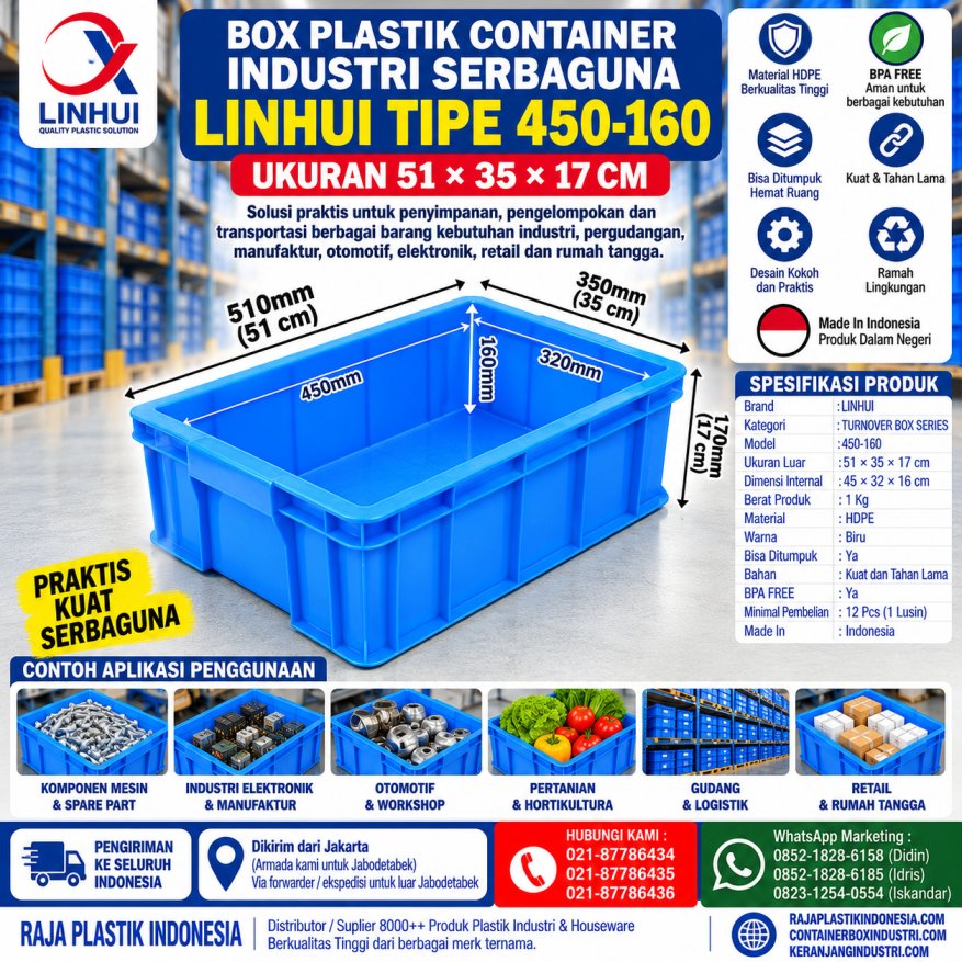 BOX PLASTIK CONTAINER INDUSTRI SERBAGUNA LINHUI TIPE 450-160 UKURAN 51×35×17 CM  KERANJANGINDUSTRI.COM