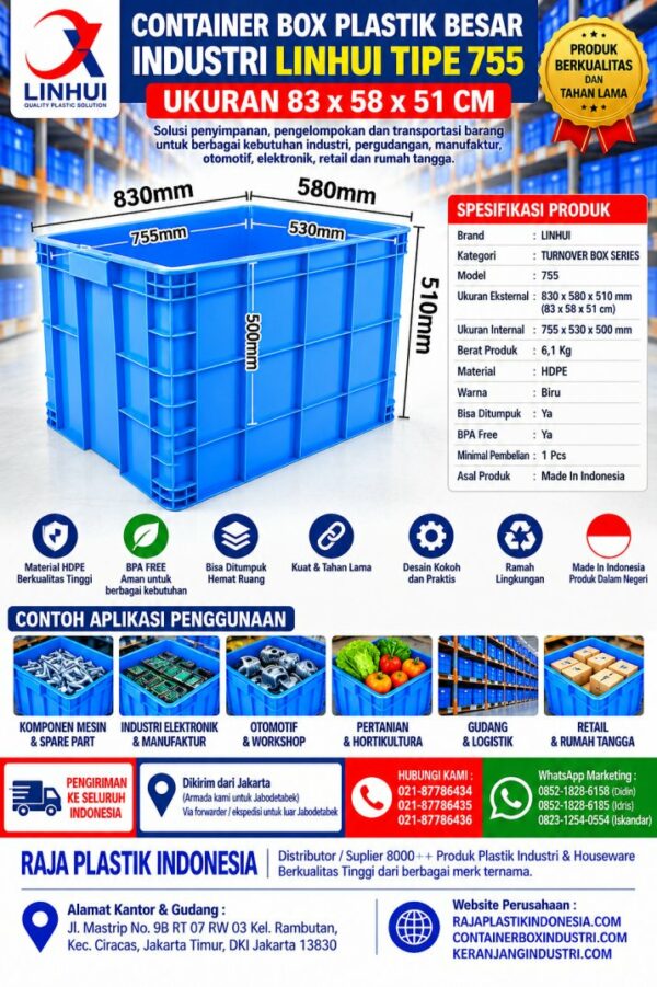 CONTAINER BOX PLASTIK BESAR INDUSTRI LINHUI TIPE 755 UKURAN 83x58x51 CM | KERANJANGINDUSTRI.COM