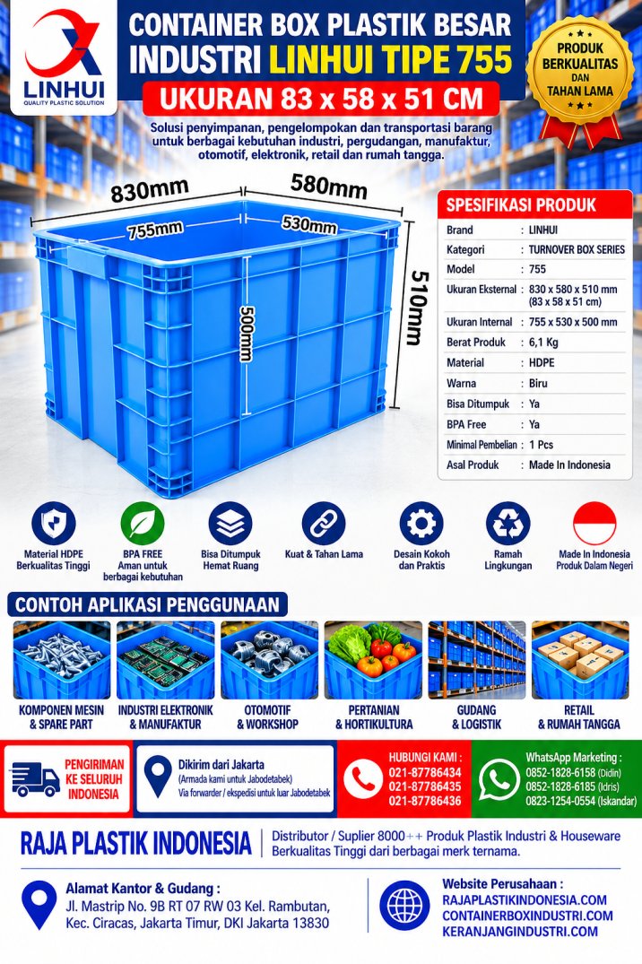 CONTAINER BOX PLASTIK BESAR INDUSTRI LINHUI TIPE 755 UKURAN 83x58x51 CM | KERANJANGINDUSTRI.COM