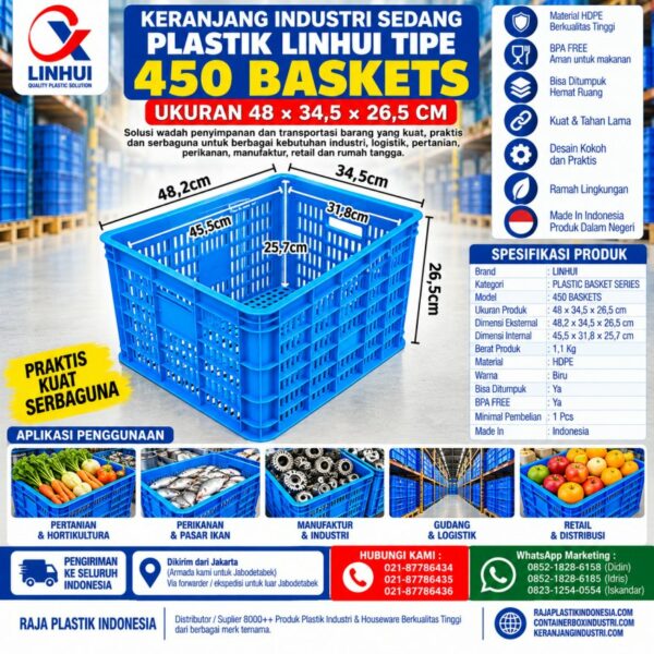 KERANJANG INDUSTRI SEDANG PLASTIK LINHUI TIPE 450 BASKETS UKURAN 48×34,5x26,5 CM | KERANJANGINDUSTRI.COM