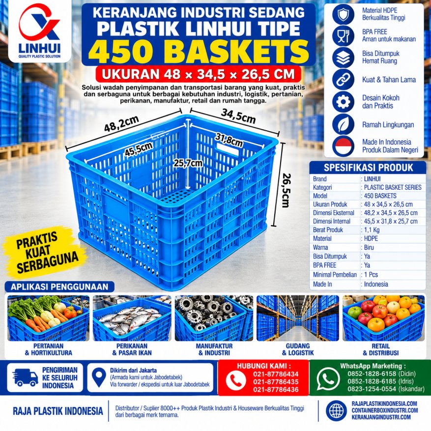 KERANJANG INDUSTRI SEDANG PLASTIK LINHUI TIPE 450 BASKETS UKURAN 48×34,5x26,5 CM | KERANJANGINDUSTRI.COM