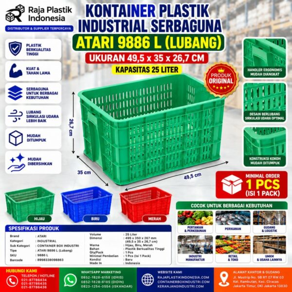 KONTAINER PLASTIK INDUSTRIAL SERBAGUNA ATARI 9886 L (LUBANG) UKURAN 49,5 x 35 x 26,7 CM: Keranjang Plastik Berlubang untuk Penyimpanan, Distribusi, dan Kebutuhan Industri