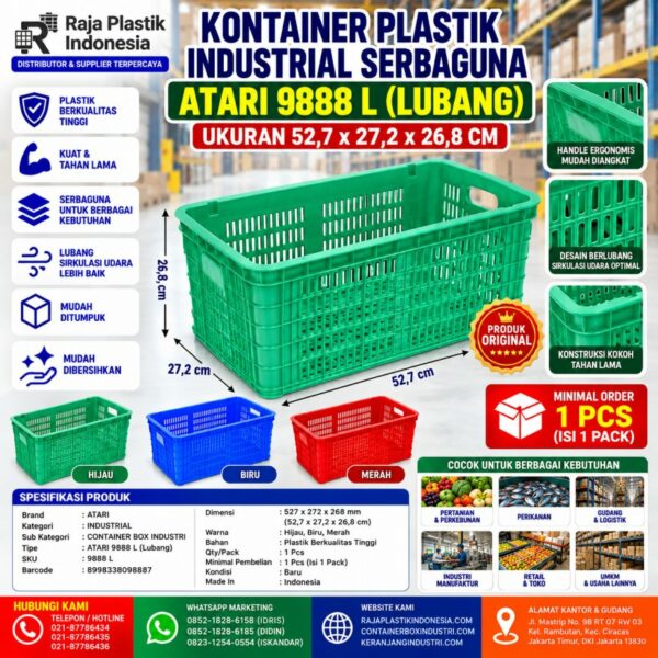 KONTAINER PLASTIK INDUSTRIAL SERBAGUNA ATARI 9888 L (LUBANG) UKURAN 52,7 x 27,2 x 26,8 CM: Solusi Praktis untuk Penyimpanan, Sortir, Handling, dan Distribusi Barang