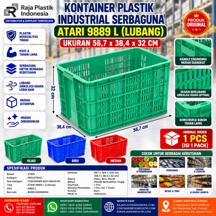 KONTAINER PLASTIK INDUSTRIAL SERBAGUNA ATARI 9889 L (LUBANG) UKURAN 56,7 x 38,4 x 32 CM: Solusi Praktis untuk Penyimpanan, Sortir, Handling, dan Distribusi
